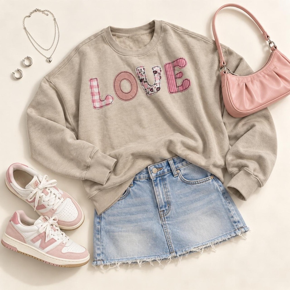 Recycled Threads Women's XL Beige/Pink Crewneck Pullover Fleece LOVE Graphic
